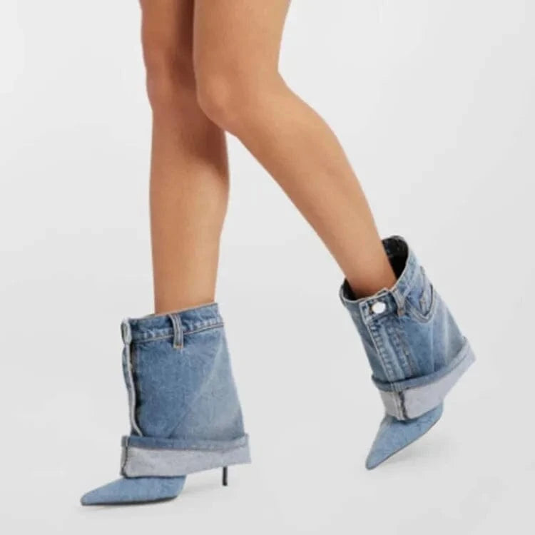 Custom Women Mid Calf Boot Pointed Toe Botas Dama Female Shoes Denim Cowgirl New Denim Boots for Ladies