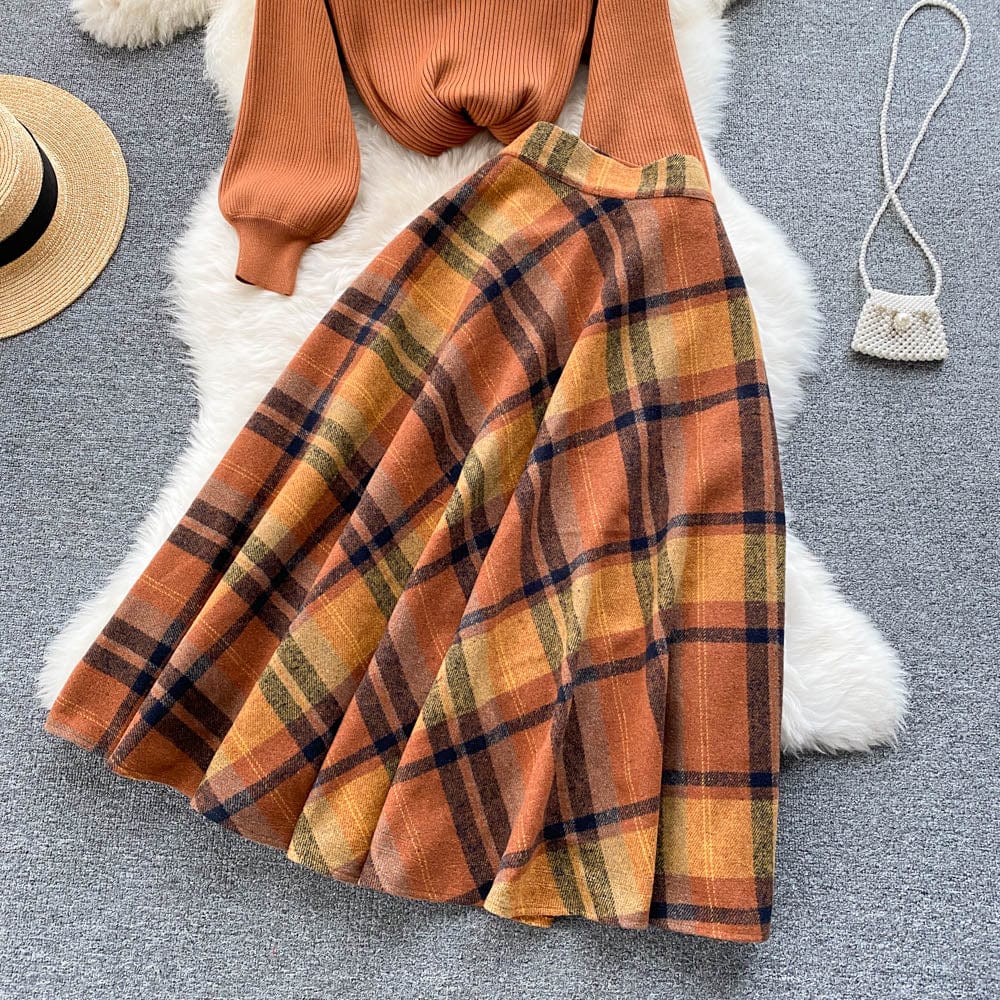 Custom Women's Autumn Winter ANSZKTN Knitted Wool Brown Blouse And Short Winter Brown Skirt Two Pieces