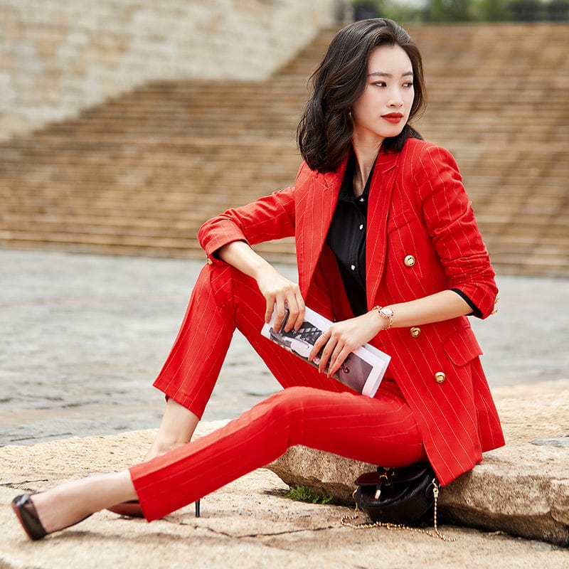 Custom Womens Suit Wholesale Dropship Green Double Breasted Striped 2 Piece Suit Set Pant Suit Work Wear Office Lady Style