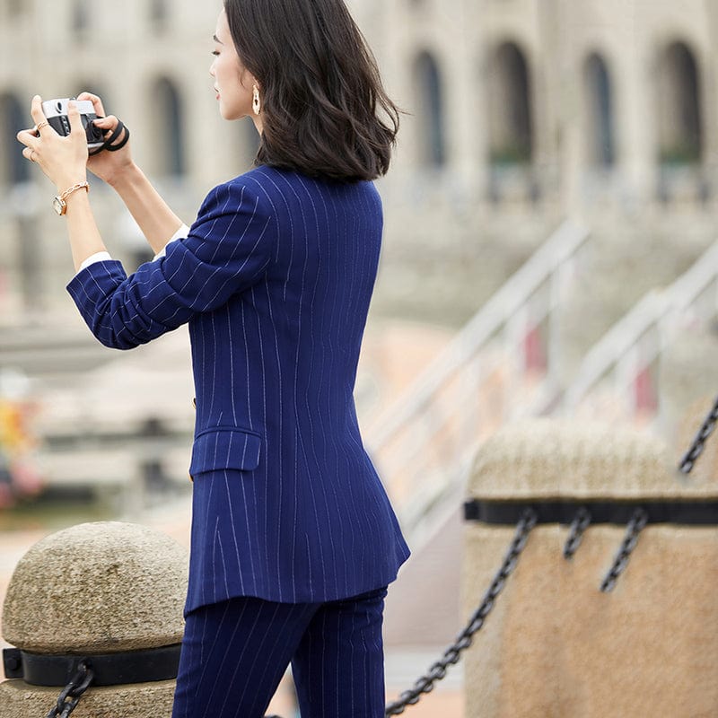 Custom Womens Suit Wholesale Dropship Green Double Breasted Striped 2 Piece Suit Set Pant Suit Work Wear Office Lady Style