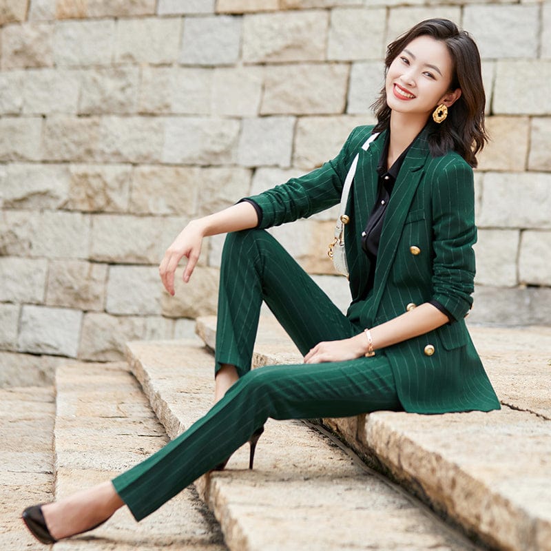 Custom Womens Suit Wholesale Dropship Green Double Breasted Striped 2 Piece Suit Set Pant Suit Work Wear Office Lady Style
