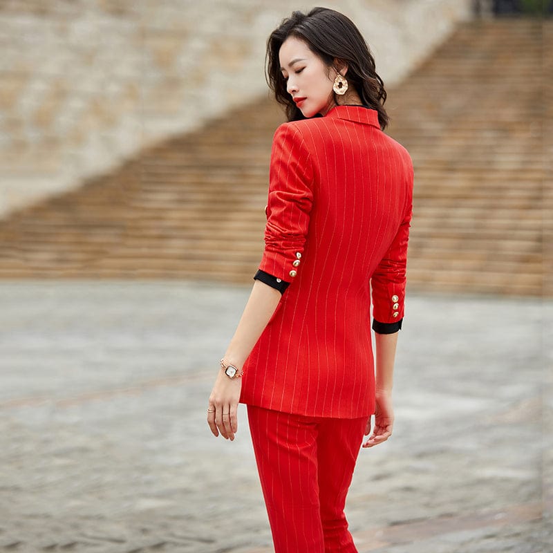 Custom Womens Suit Wholesale Dropship Green Double Breasted Striped 2 Piece Suit Set Pant Suit Work Wear Office Lady Style