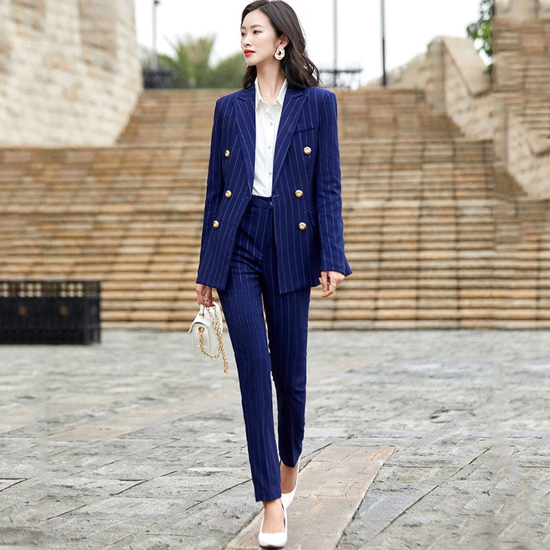 Custom Womens Suit Wholesale Dropship Green Double Breasted Striped 2 Piece Suit Set Pant Suit Work Wear Office Lady Style