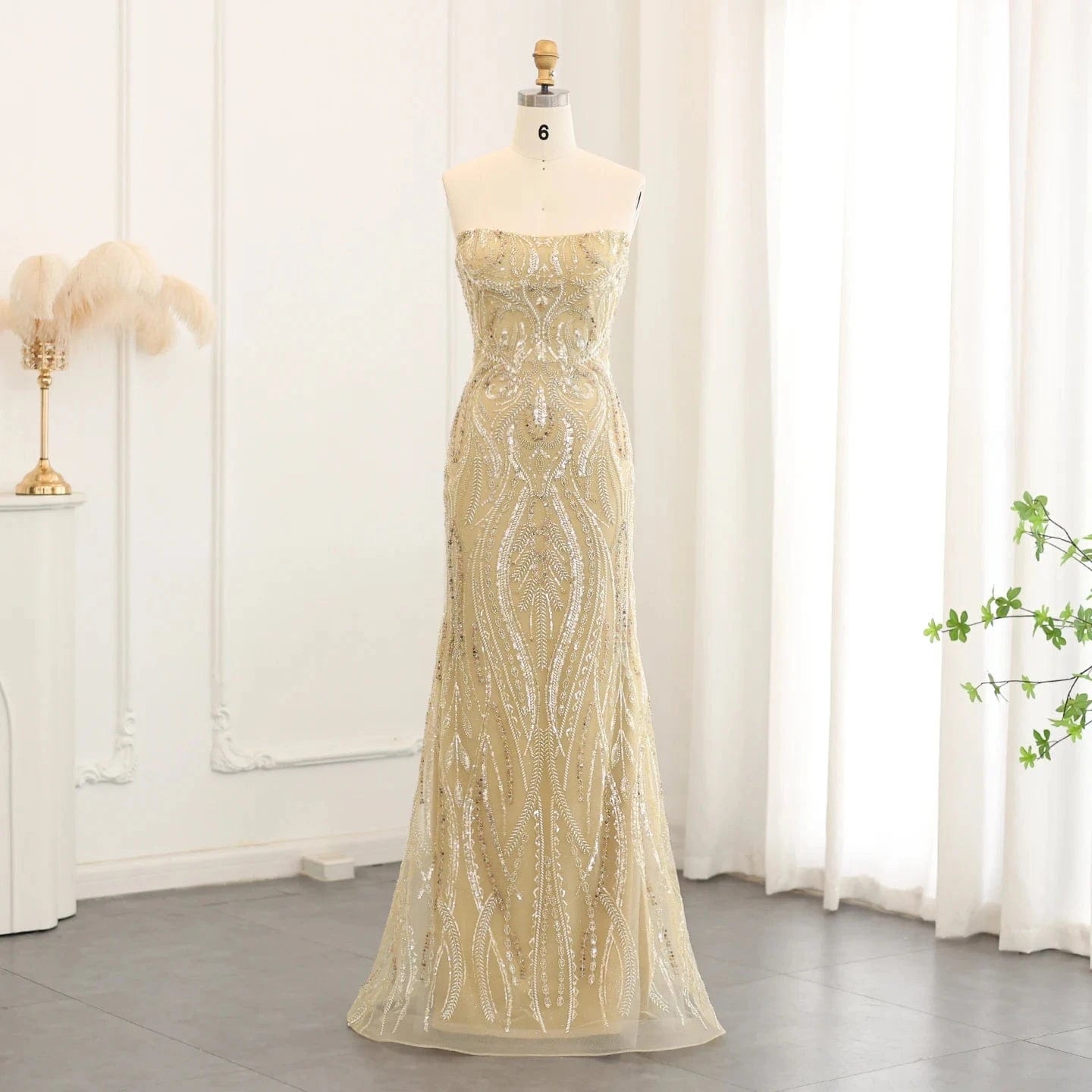 customize / 1 Elegant Strapless Mermaid Gold Beaded Evening Dress for Women Wedding Formal Party Gowns SZ176