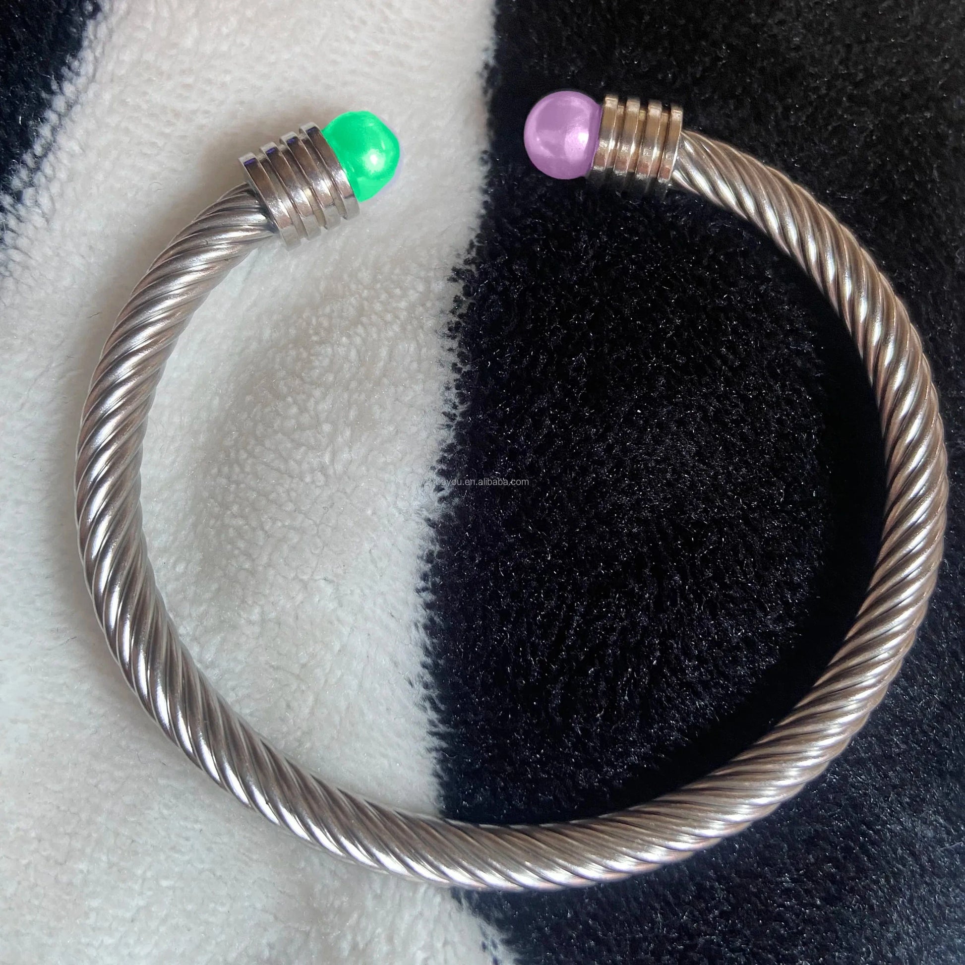 Customize Color Designer Pink Green Pearl Cuff Open Full Bangle Stainless Steel Cable Twist Bracelet Women Wedding Jewelry