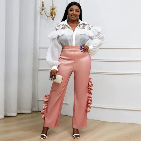 Customize Plus Size Shinny Pant Lace Shirt Women Career Two Pieces Set