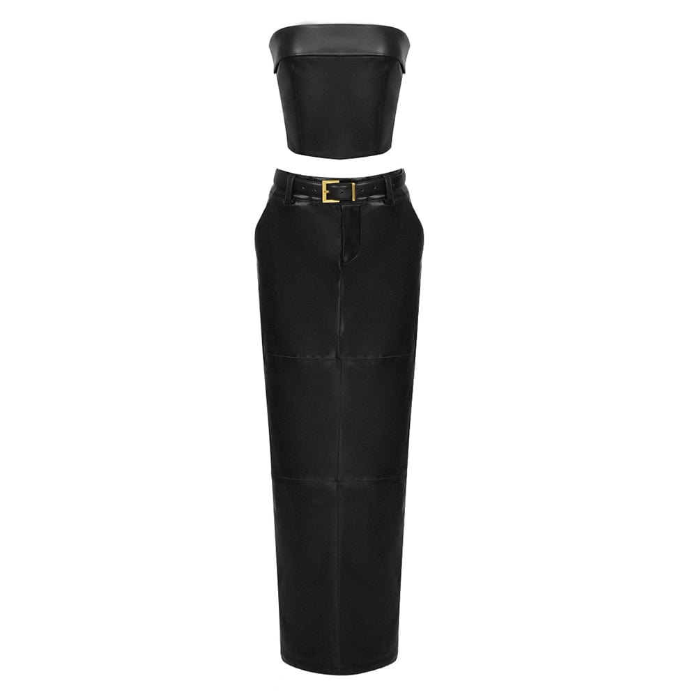 Customized / black BD2333 Two Pieces Set Fashion Top And Skirt Leather Solid Color Strapless Sexy Backless 2023 Sashes