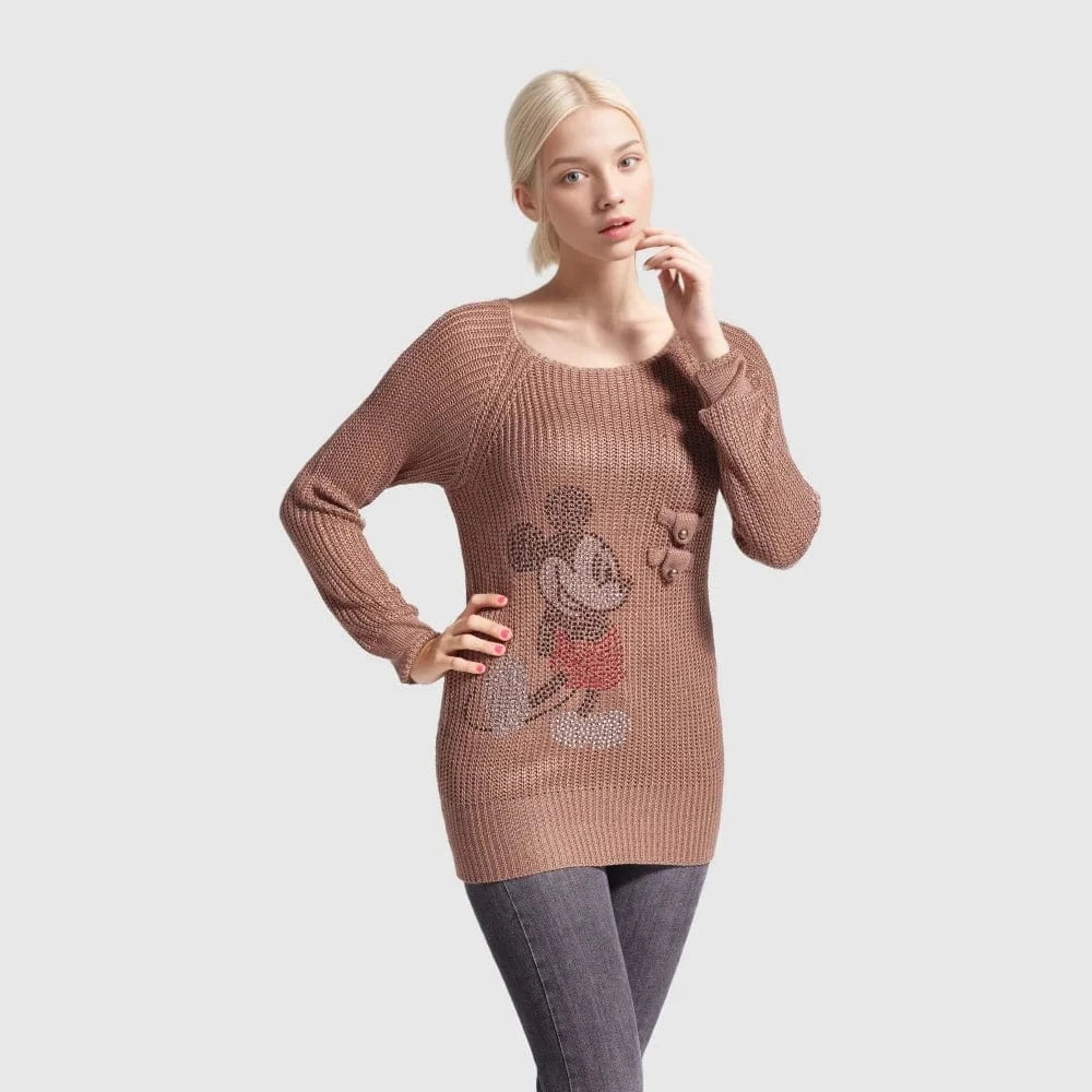 Customized / Brown D1209TD03 Wholesale New Design Long Sleeve Women Solid Color Casual Round Neck  Rhinestone Plain Knit Pullover Sehe Fashion