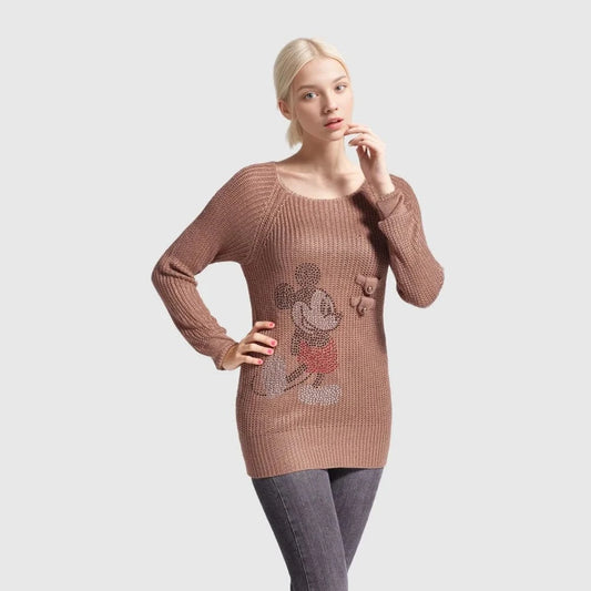 Customized / Brown D1209TD03 Wholesale New Design Long Sleeve Women Solid Color Casual Round Neck  Rhinestone Plain Knit Pullover Sehe Fashion