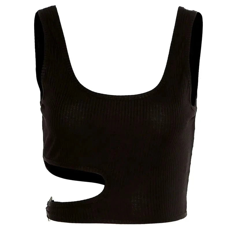 Customized INS hot Rib Knit Hollow out at Waist with Ring Buckle U neck solid color  knitted crop tank tops