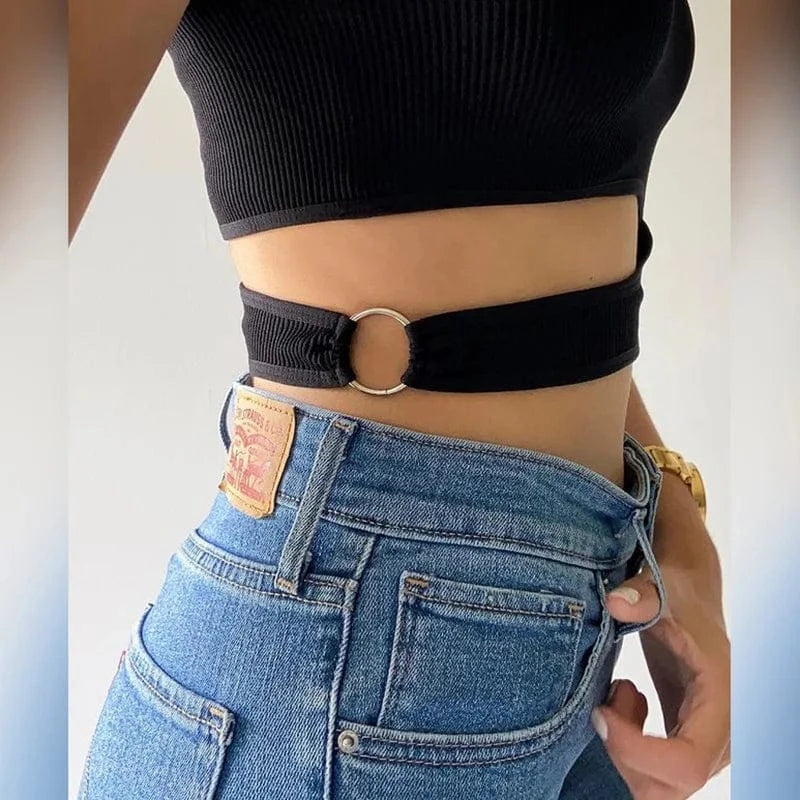 Customized INS hot Rib Knit Hollow out at Waist with Ring Buckle U neck solid color  knitted crop tank tops