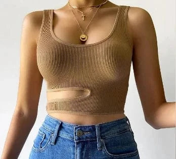 Customized INS hot Rib Knit Hollow out at Waist with Ring Buckle U neck solid color  knitted crop tank tops