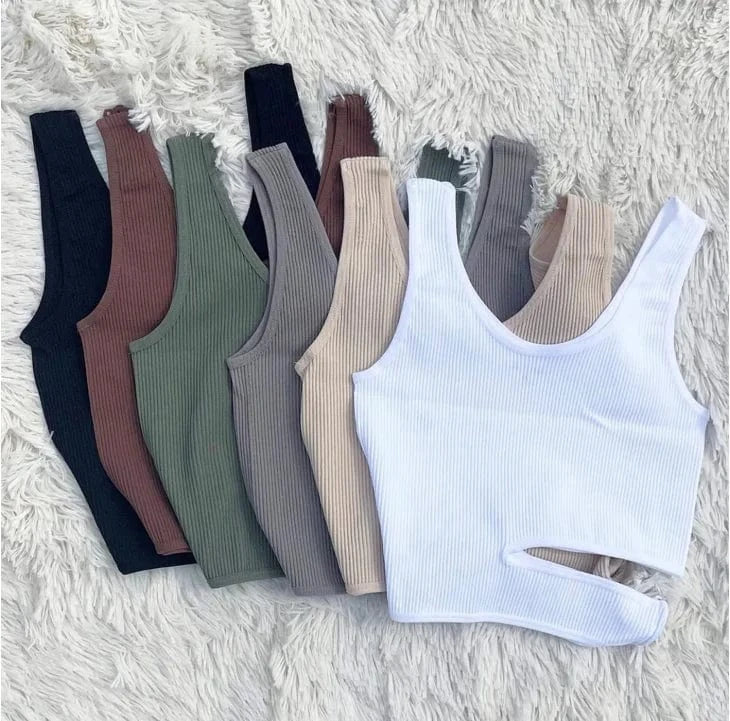 Customized INS hot Rib Knit Hollow out at Waist with Ring Buckle U neck solid color  knitted crop tank tops