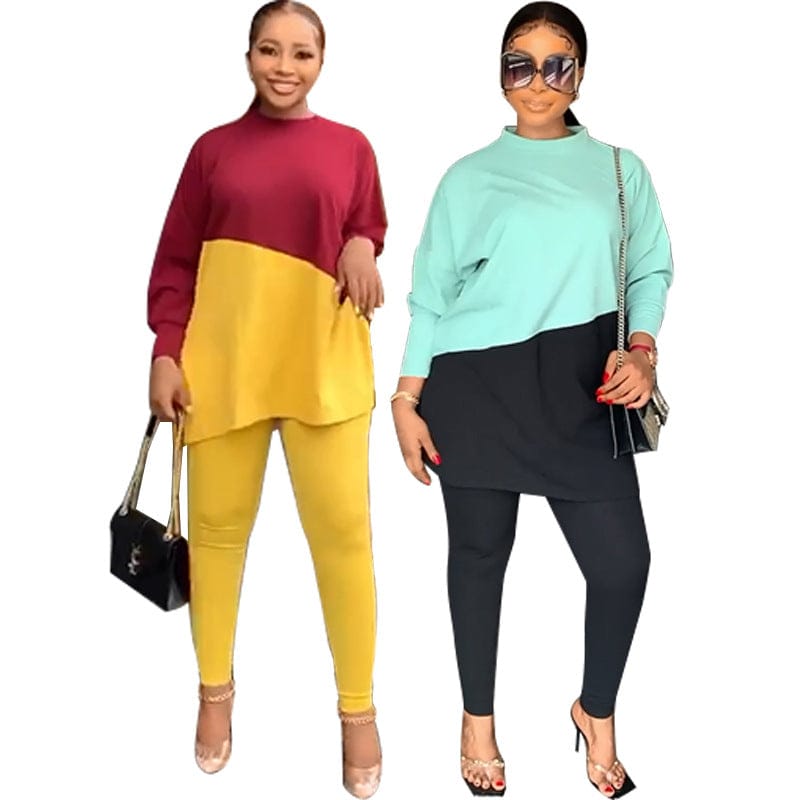 Customized Multi Size Fashionable Womens Autumn Two Piece Set Color Block Loose O Neck Tops Long Pants Tracksuit Set