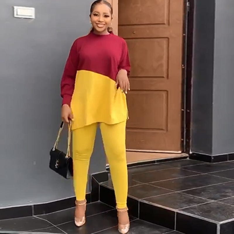 Customized Multi Size Fashionable Womens Autumn Two Piece Set Color Block Loose O Neck Tops Long Pants Tracksuit Set