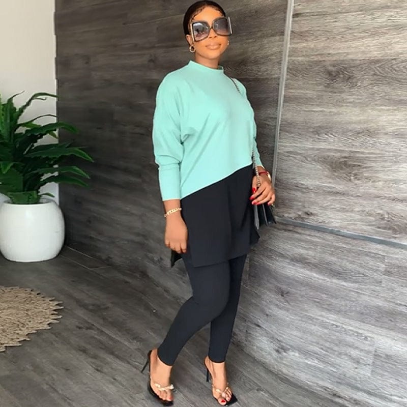 Customized Multi Size Fashionable Womens Autumn Two Piece Set Color Block Loose O Neck Tops Long Pants Tracksuit Set