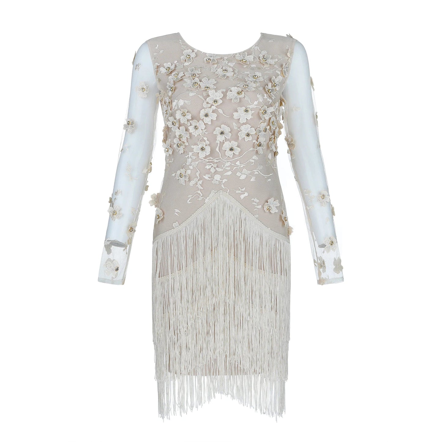 Customized / Nude Nude Long Sleeve Lace Embroidery Floral Crystal Tassel Sexy Bodycon Dress 2019