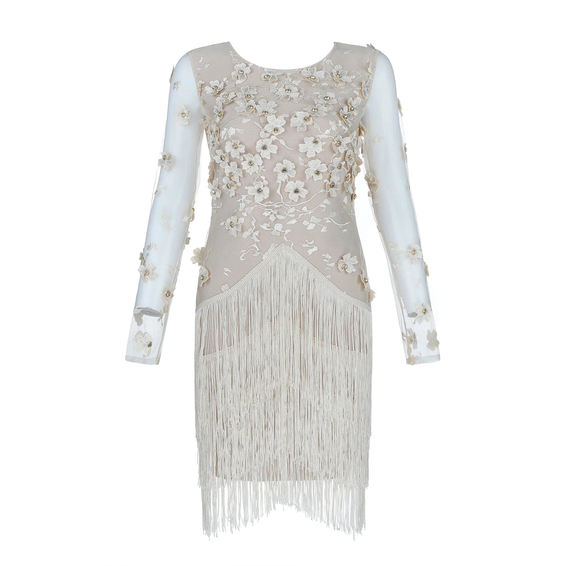 Customized / Nude Nude Long Sleeve Lace Embroidery Floral Crystal Tassel Sexy Bodycon Dress 2019