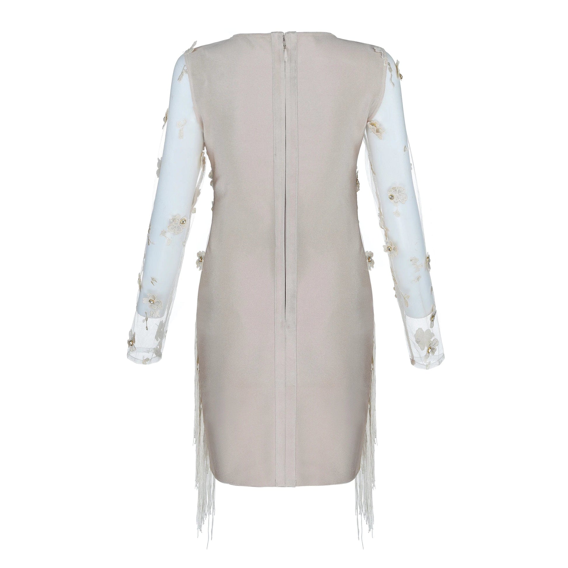 Customized / Nude Nude Long Sleeve Lace Embroidery Floral Crystal Tassel Sexy Bodycon Dress 2019