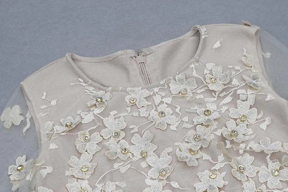 Customized / Nude Nude Long Sleeve Lace Embroidery Floral Crystal Tassel Sexy Bodycon Dress 2019