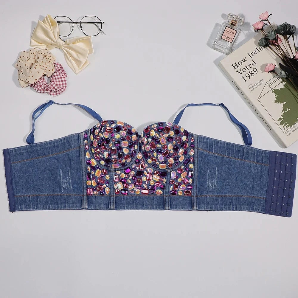 Customized wholesale underwear Diamond crystals embellished tights women's corset tops