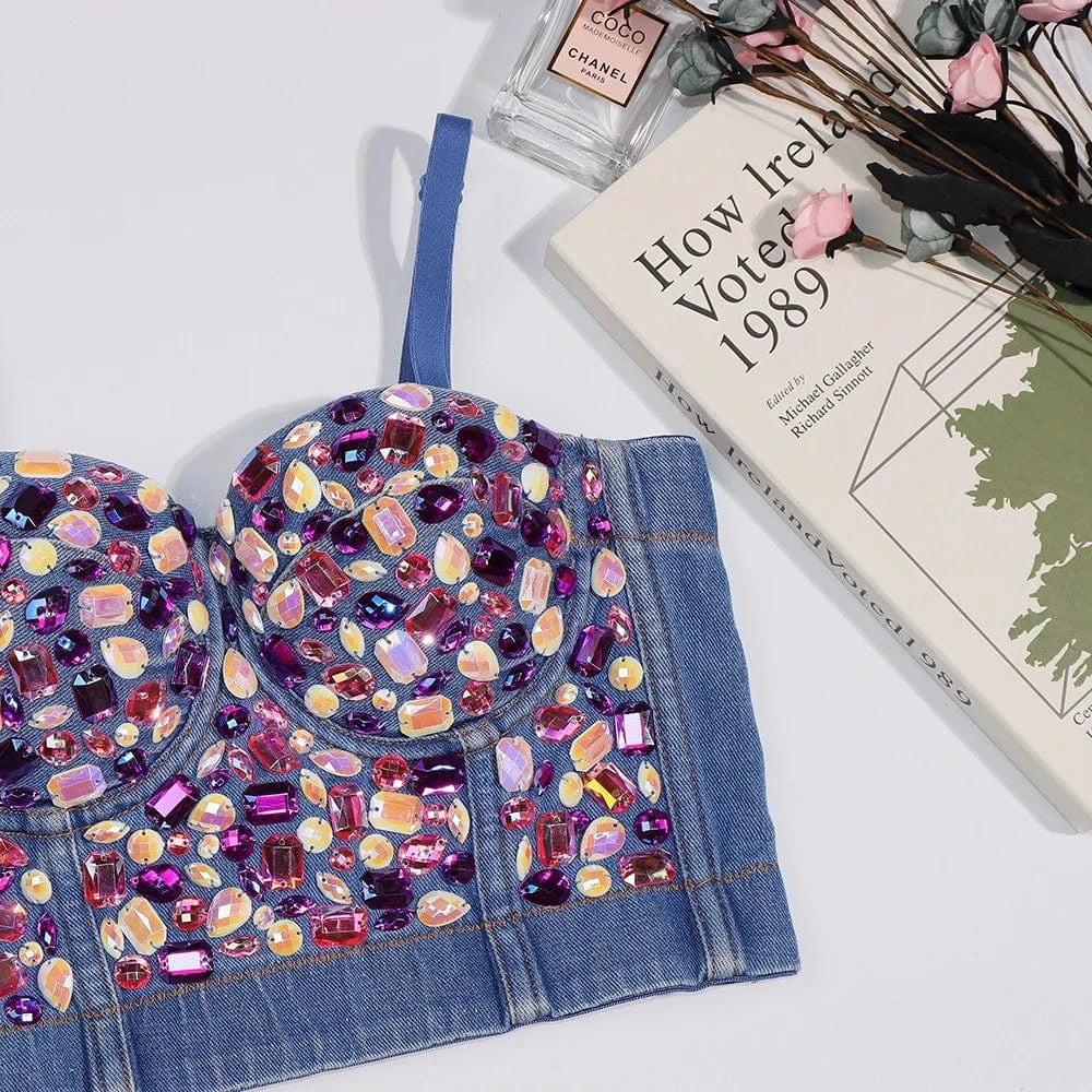 Customized wholesale underwear Diamond crystals embellished tights women's corset tops