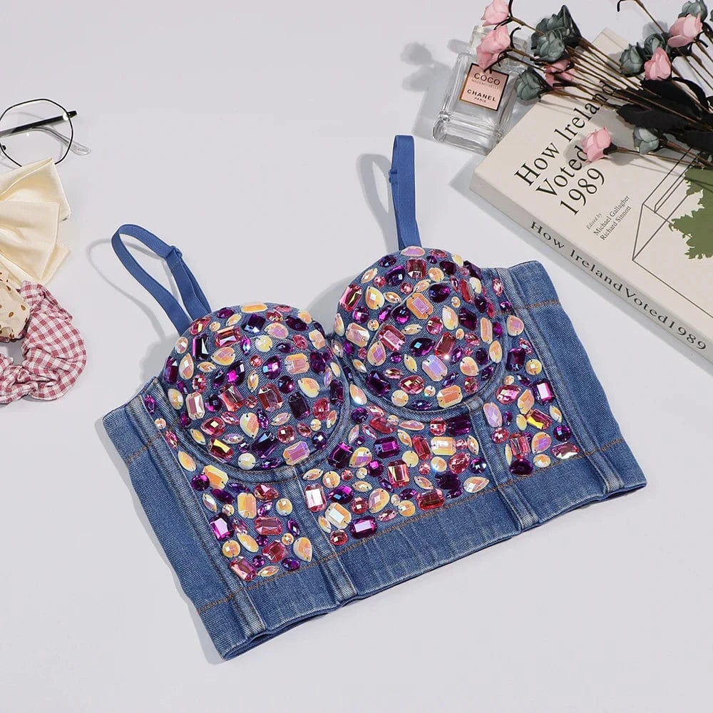 Customized wholesale underwear Diamond crystals embellished tights women's corset tops