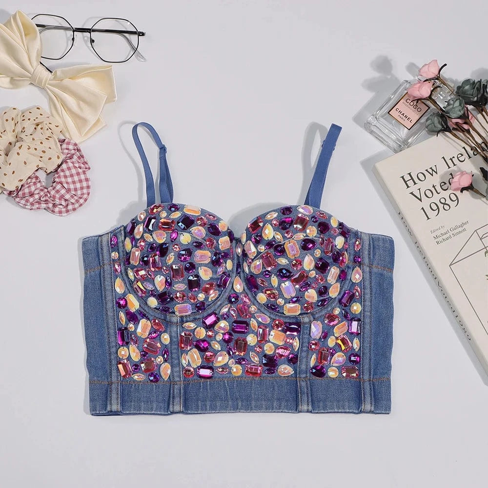 Customized wholesale underwear Diamond crystals embellished tights women's corset tops