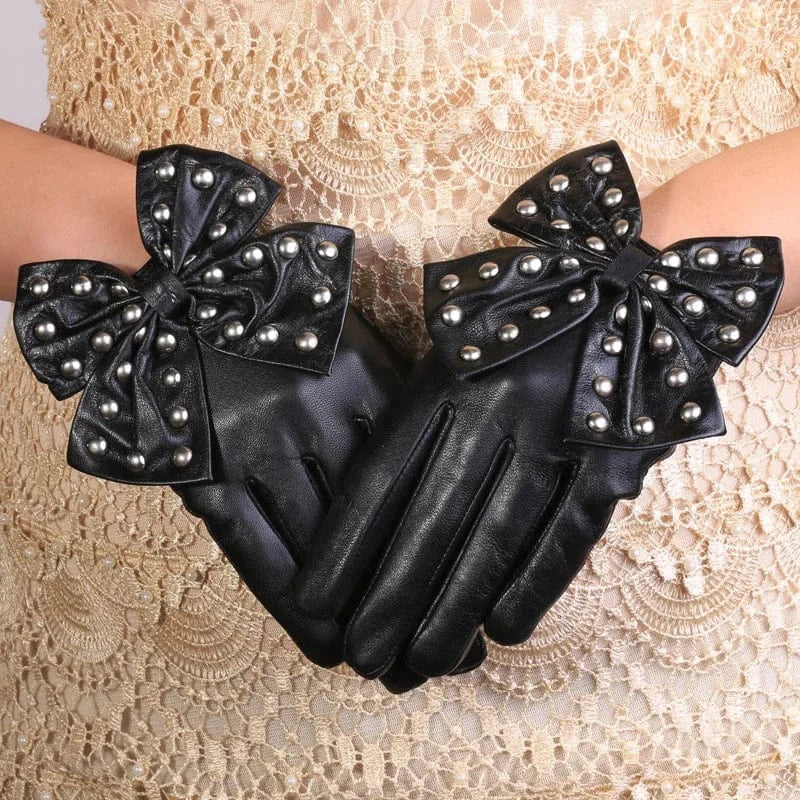Cute texting Christmas gift women rivet Leather sheepskin gloves with bow