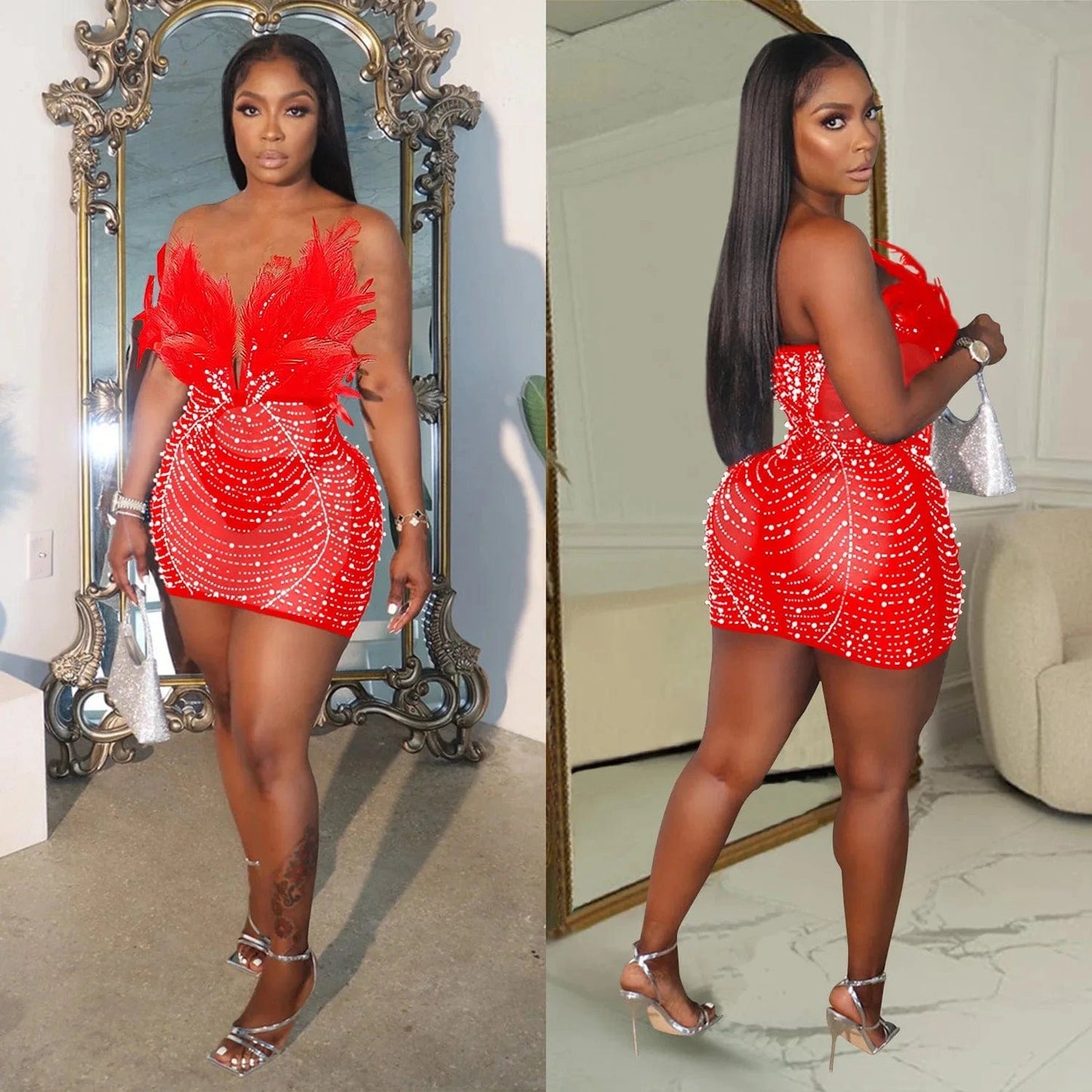 CUTENOVA 23DS122305 New 2024 Fashion Feather Diamond Patchwork  Women Porm Dress Sexy Club Dresses Women's Dresses