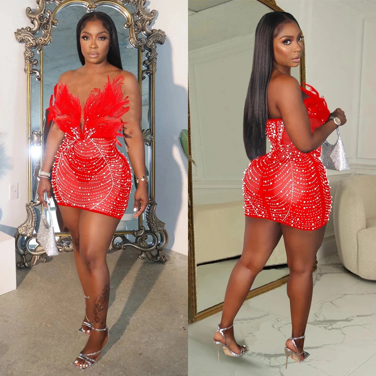 CUTENOVA 23DS122305 New 2024 Fashion Feather Diamond Patchwork  Women Porm Dress Sexy Club Dresses Women's Dresses