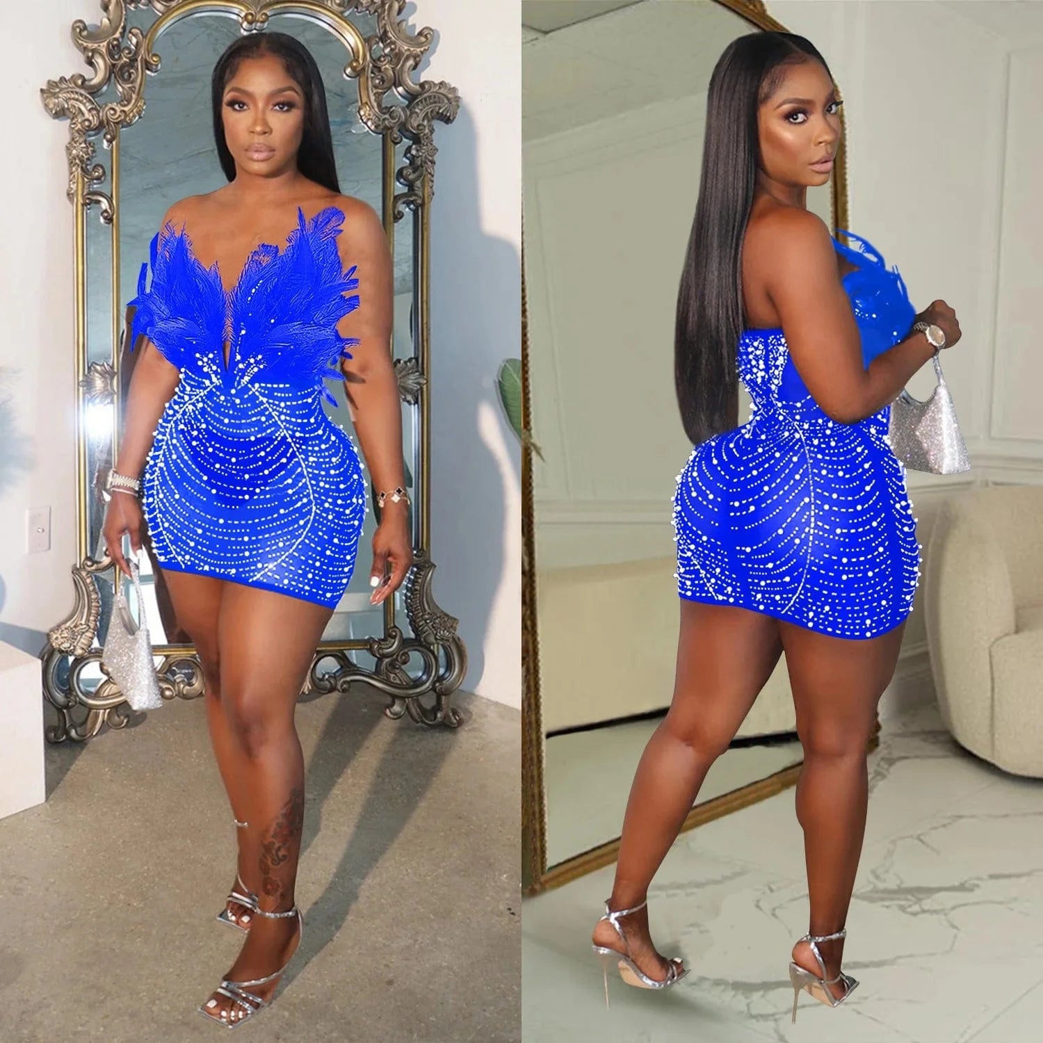 CUTENOVA 23DS122305 New 2024 Fashion Feather Diamond Patchwork  Women Porm Dress Sexy Club Dresses Women's Dresses