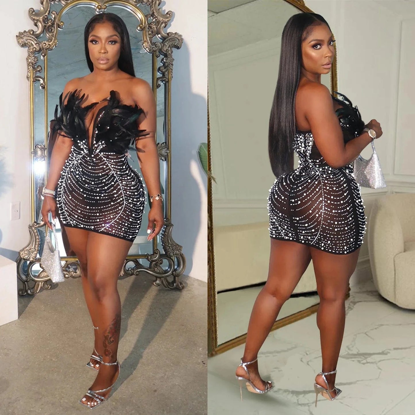 CUTENOVA 23DS122305 New 2024 Fashion Feather Diamond Patchwork  Women Porm Dress Sexy Club Dresses Women's Dresses