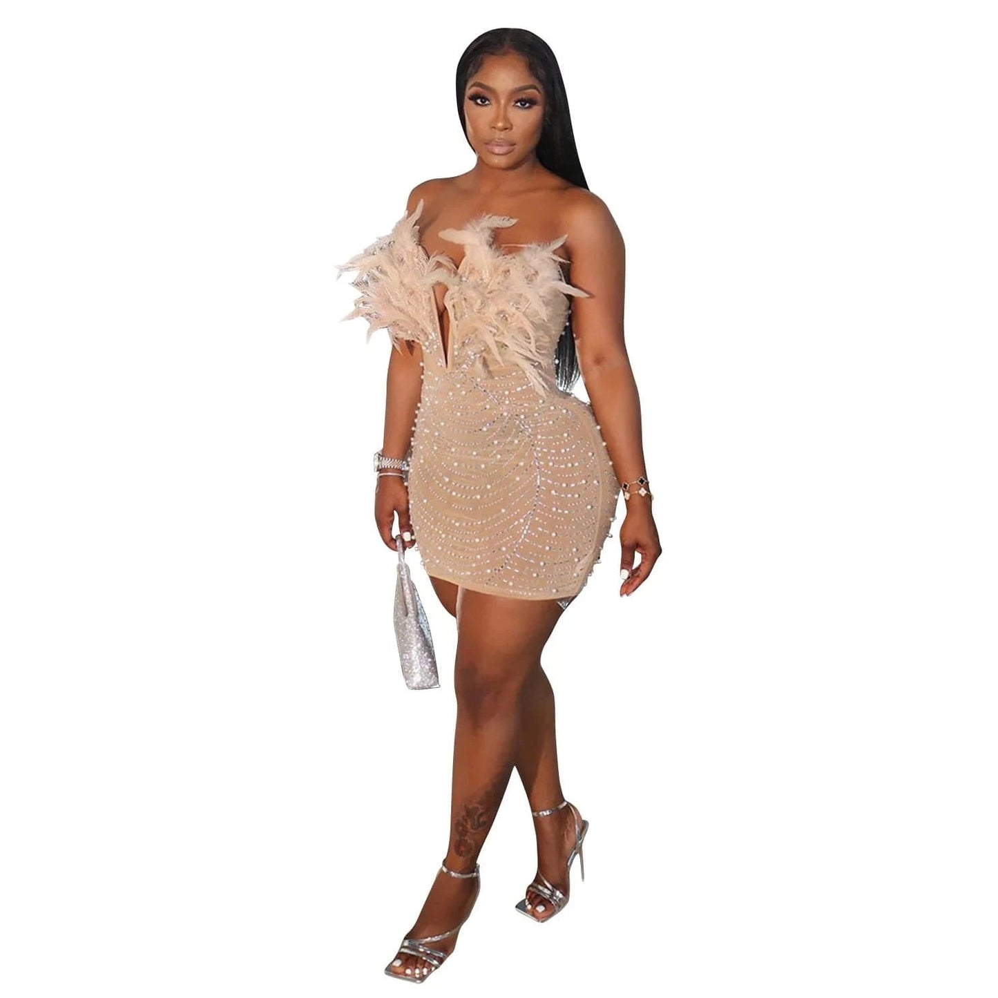 CUTENOVA 23DS122305 New 2024 Fashion Feather Diamond Patchwork  Women Porm Dress Sexy Club Dresses Women's Dresses