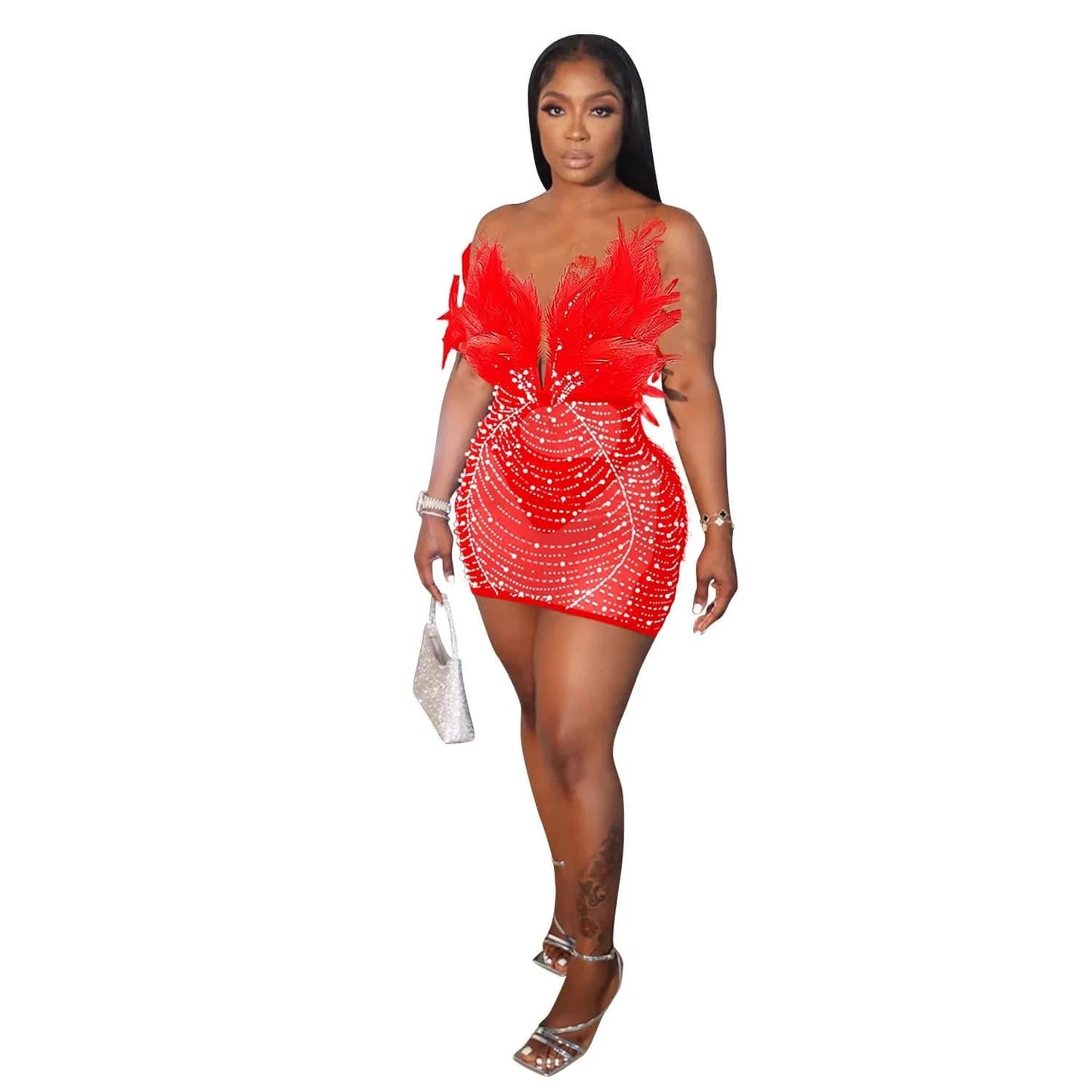 CUTENOVA 23DS122305 New 2024 Fashion Feather Diamond Patchwork  Women Porm Dress Sexy Club Dresses Women's Dresses