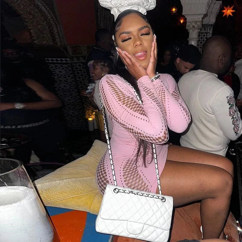 CUTENOVA 23DS122903 Trending 2024  Sexy Long Sleeve Mesh Mini Dress Bodycon Club Dresses Women's Dresses