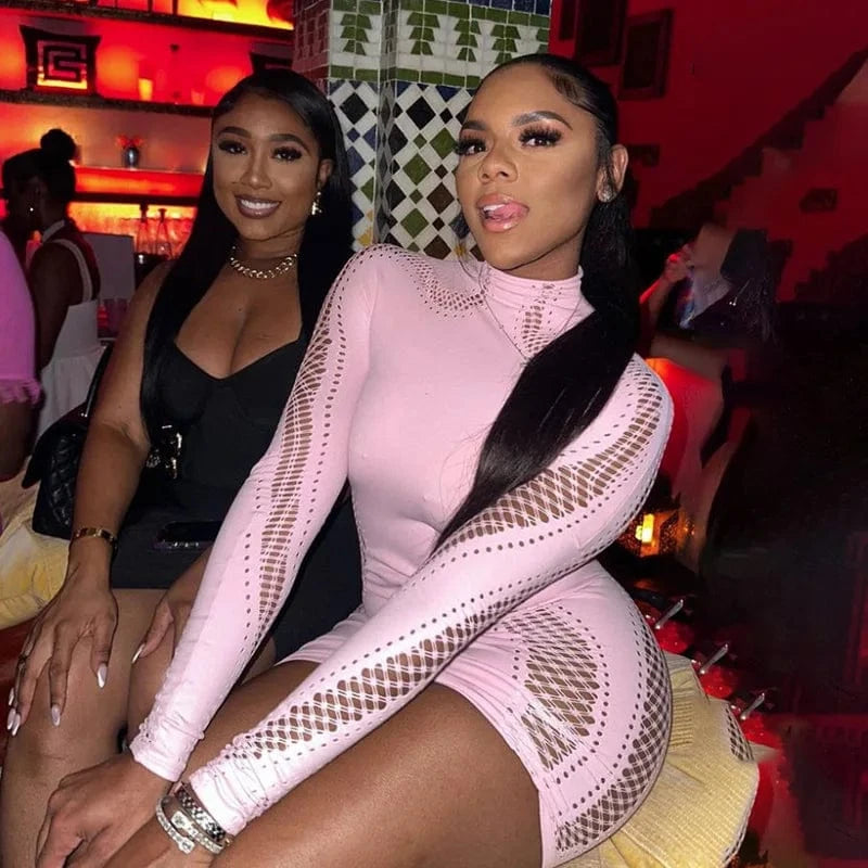 CUTENOVA 23DS122903 Trending 2024  Sexy Long Sleeve Mesh Mini Dress Bodycon Club Dresses Women's Dresses