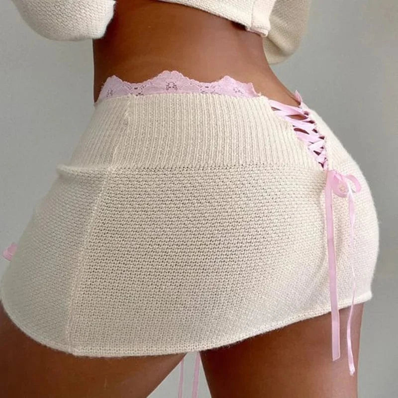 CUTENOVA 23SK122503 Sexy Sweet Y2K Knit Lace Hip Bodycon Mini Skirt Streetwear 2024 Skirts For Women