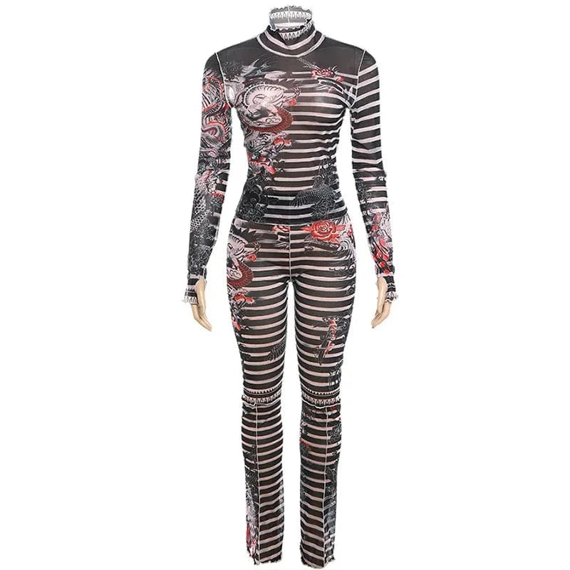 Cutenova 23ST123002  Retro Punk Printed 2024 Fashion Mesh Leggings Set Tight Fit 2 Piece Set Women'S Sets