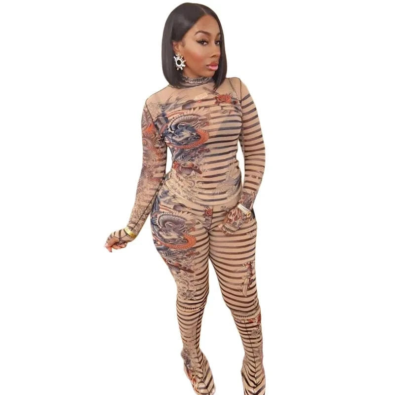 Cutenova 23ST123002  Retro Punk Printed 2024 Fashion Mesh Leggings Set Tight Fit 2 Piece Set Women'S Sets