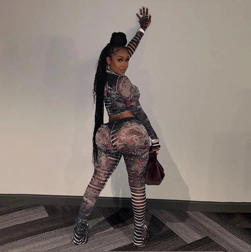 Cutenova 23ST123002  Retro Punk Printed 2024 Fashion Mesh Leggings Set Tight Fit 2 Piece Set Women'S Sets