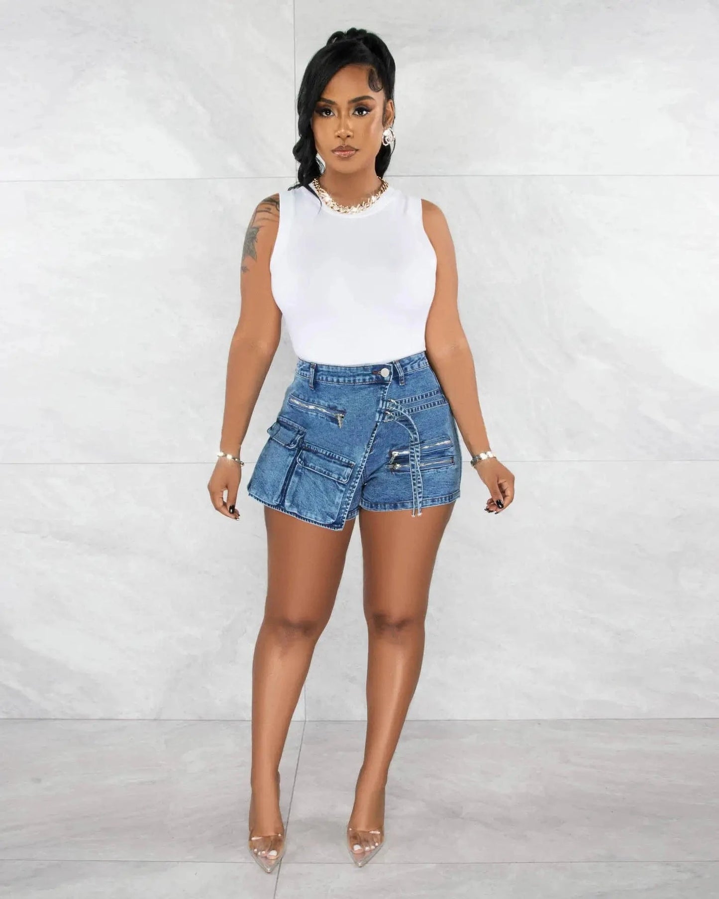 CUTENOVA 23ST123005 Trending Jeans Shorts Two Piece Outfits Stretch Jean Tube Top with Denim Cargo Skorts 2 Piece Set for Women