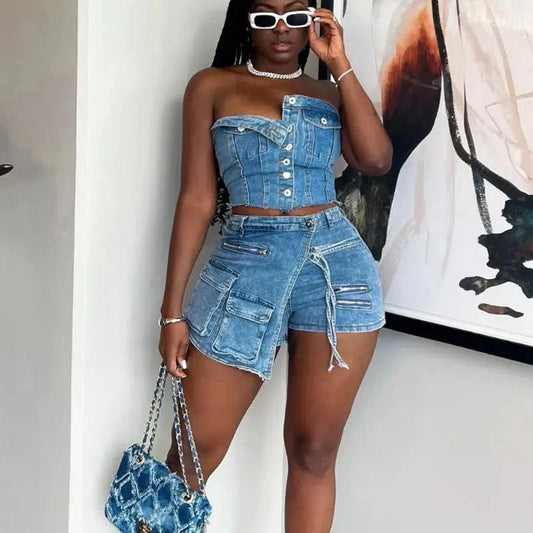 CUTENOVA 23ST123005 Trending Jeans Shorts Two Piece Outfits Stretch Jean Tube Top with Denim Cargo Skorts 2 Piece Set for Women