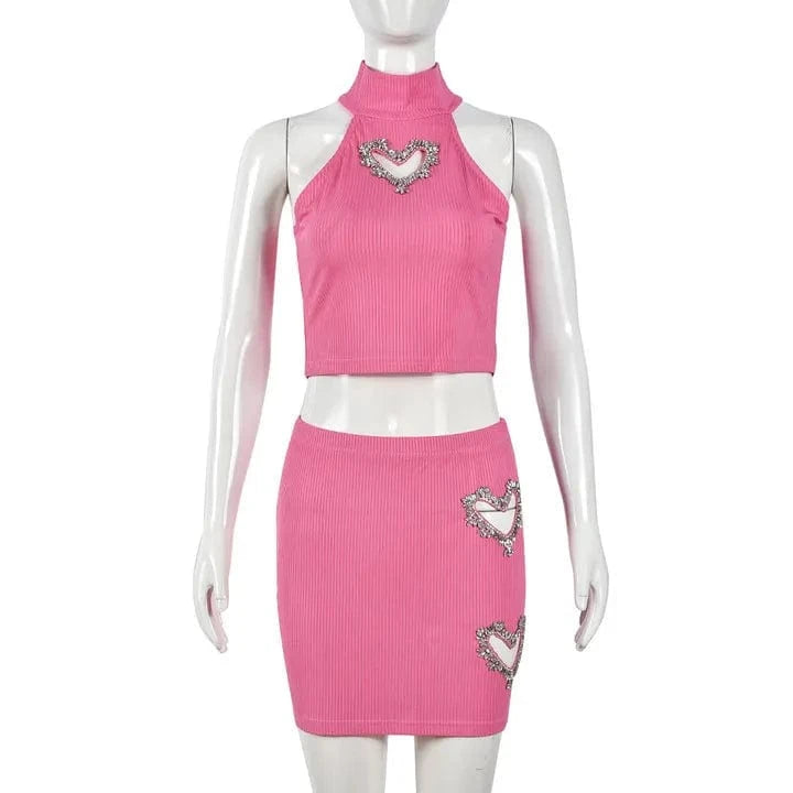 CUTENOVA 23ST123009 Charm Hollow Out Heart Shape Rhinestone Crop Top Pencil Skirt Two Piece Skirt Set