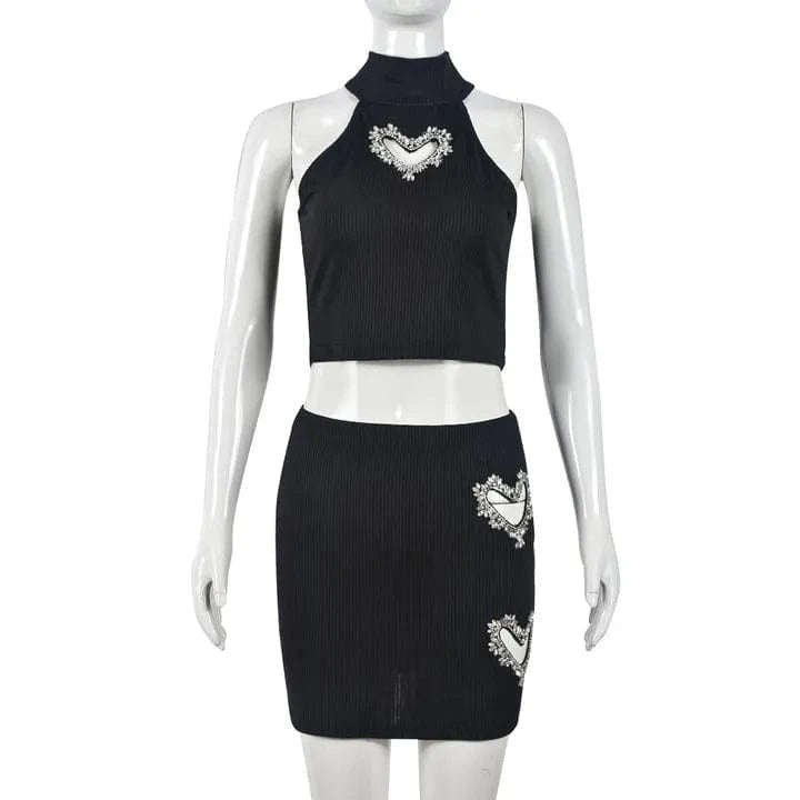 CUTENOVA 23ST123009 Charm Hollow Out Heart Shape Rhinestone Crop Top Pencil Skirt Two Piece Skirt Set