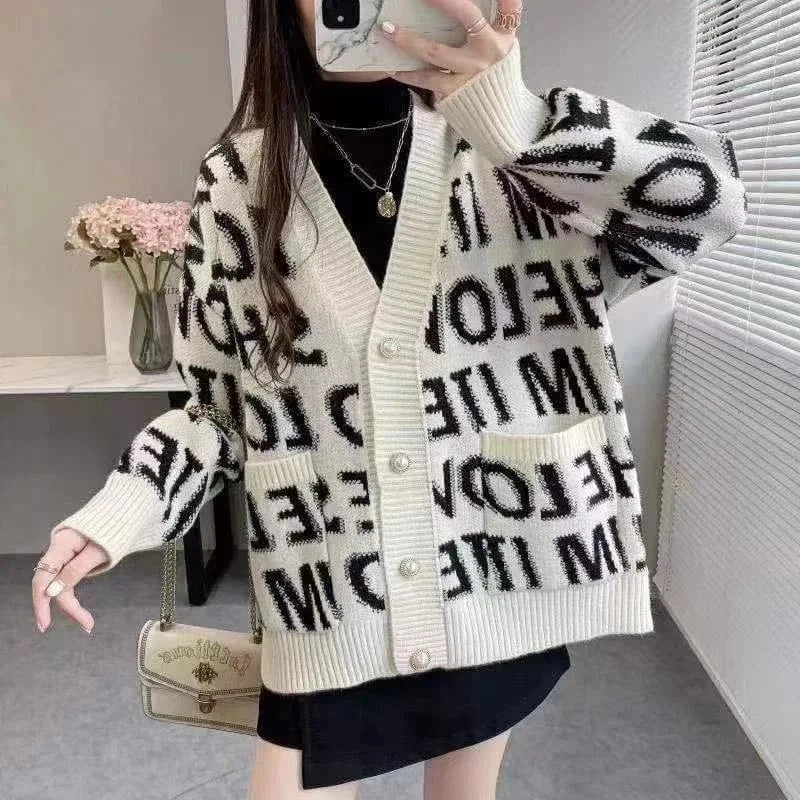 CUTENOVA 23TP1227 Chic Knit Letter V-Neck Women Drop-Shoulder Casual 2024 Girls Women's Sweaters