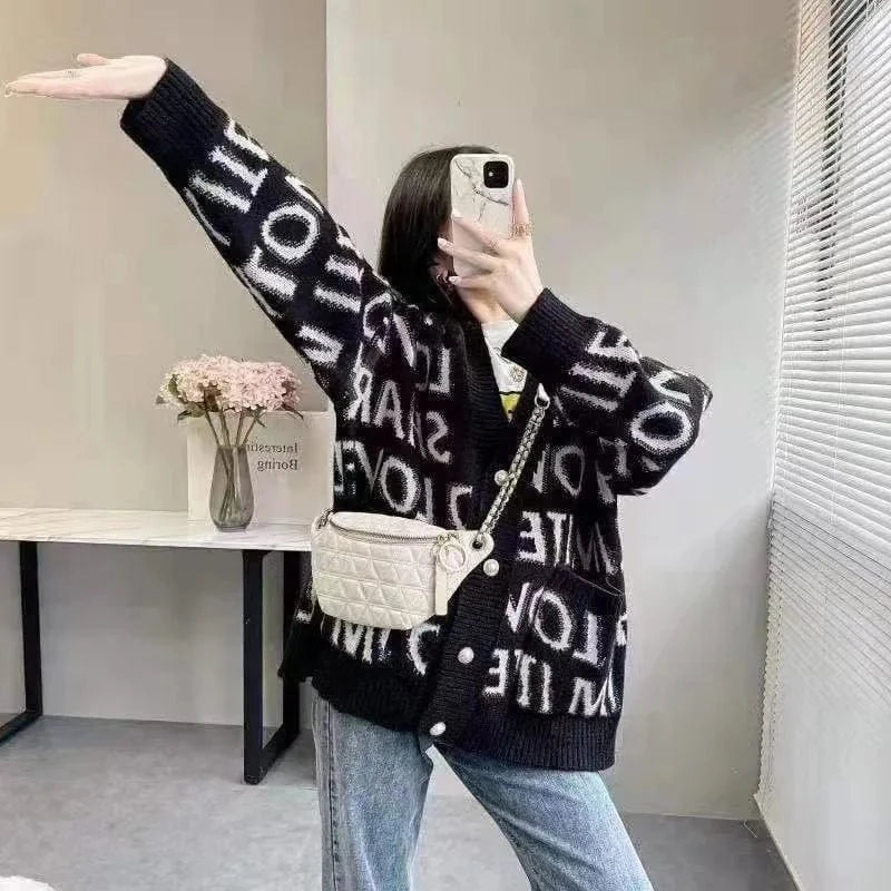CUTENOVA 23TP1227 Chic Knit Letter V-Neck Women Drop-Shoulder Casual 2024 Girls Women's Sweaters