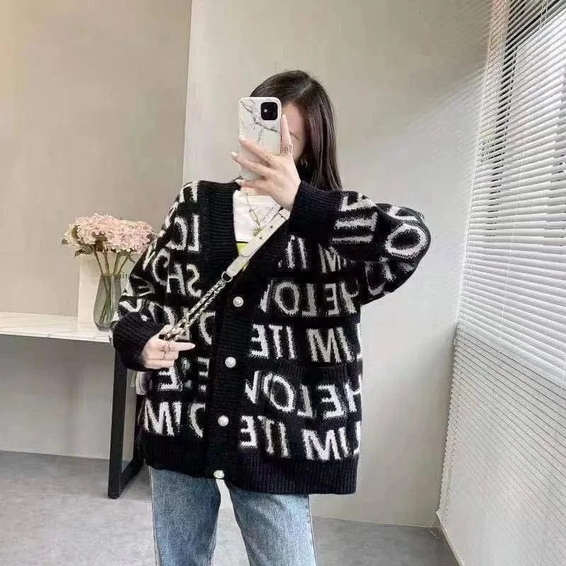 CUTENOVA 23TP1227 Chic Knit Letter V-Neck Women Drop-Shoulder Casual 2024 Girls Women's Sweaters