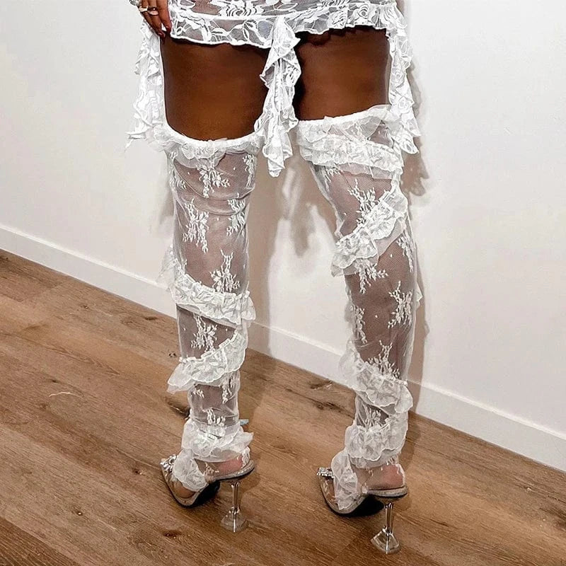 CUTENOVA 24DS010402 Fashion 2024 Trending Lace Legs Socks Mini Dress Women 2 Piece Sets Women's Sets