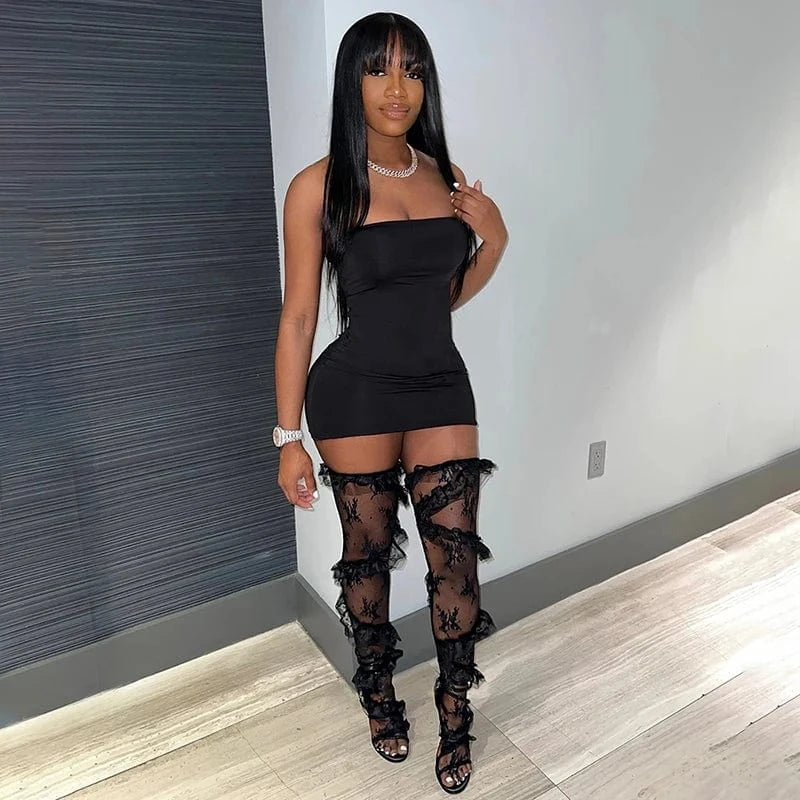 CUTENOVA 24DS010402 Fashion 2024 Trending Lace Legs Socks Mini Dress Women 2 Piece Sets Women's Sets